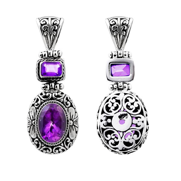 Sterling silver Amethyst Quartz pendant with oval and square gemstones, detailed Bali filigree design and oxidized finish, handcrafted artisan jewelry for women.