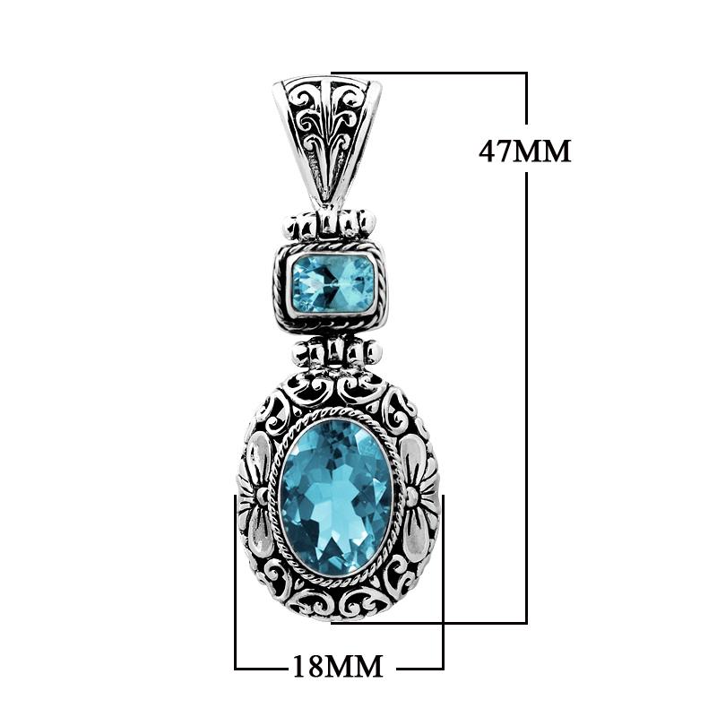 Sterling silver Blue Topaz pendant with oval and square gemstones, detailed Bali filigree silverwork and oxidized finish, handcrafted artisan jewelry for women.