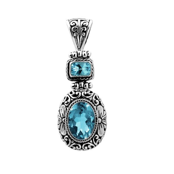Sterling silver Blue Topaz pendant with oval and square gemstones, detailed Bali filigree silverwork and oxidized finish, handcrafted artisan jewelry for women.