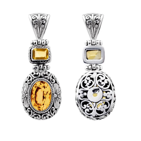 Sterling silver Citrine pendant with oval and square gemstones, intricate Bali filigree silverwork and oxidized finish, handcrafted artisan jewelry for women.