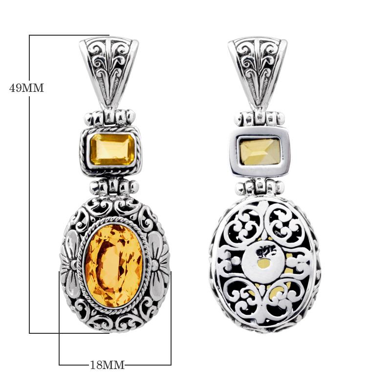 Sterling silver Citrine pendant with oval and square gemstones, intricate Bali filigree silverwork and oxidized finish, handcrafted artisan jewelry for women.