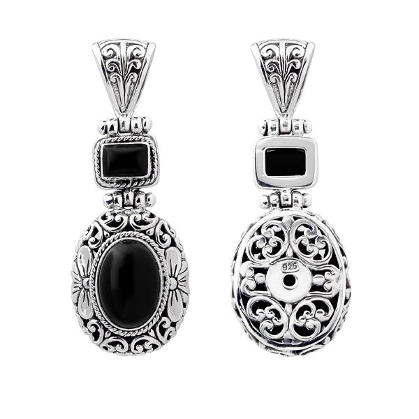 Sterling silver Black Onyx pendant with oval and square gemstones, detailed Bali filigree silverwork and oxidized finish, handcrafted artisan jewelry for women.
