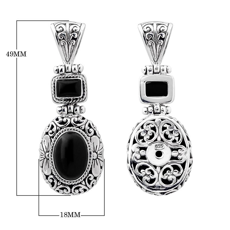 Sterling silver Black Onyx pendant with oval and square gemstones, detailed Bali filigree silverwork and oxidized finish, handcrafted artisan jewelry for women.