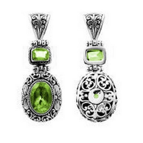 Sterling silver Peridot pendant with oval and square gemstones, intricate Bali filigree silverwork and oxidized finish, handcrafted artisan jewelry for women.