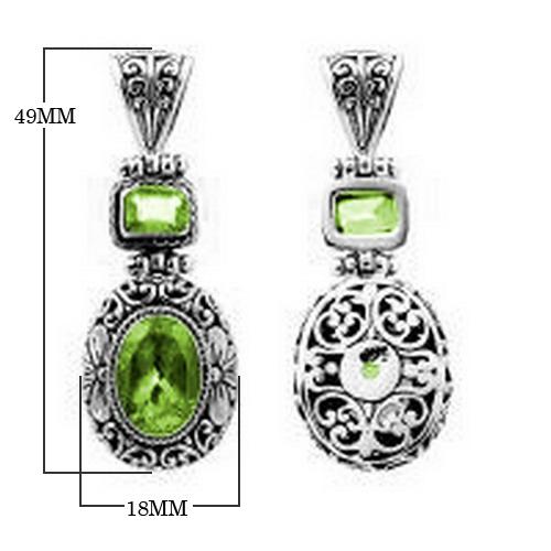Sterling silver Peridot pendant with oval and square gemstones, intricate Bali filigree silverwork and oxidized finish, handcrafted artisan jewelry for women.