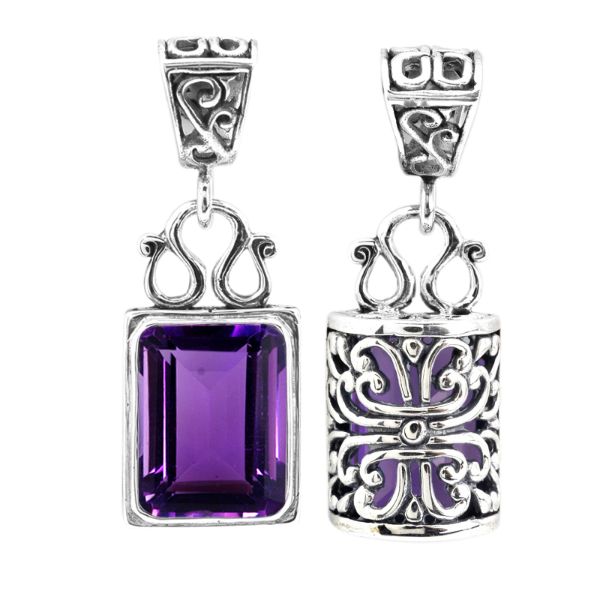 Sterling silver rectangular Amethyst pendant with faceted gemstone and intricate Bali silverwork, handcrafted artisan jewelry for women.