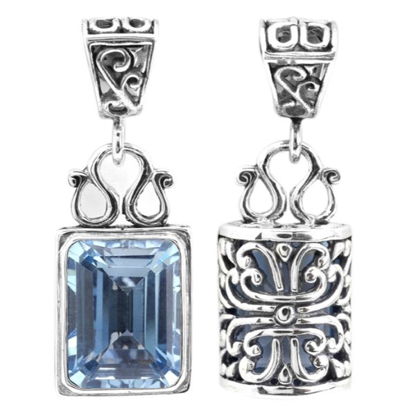 Sterling silver rectangular Blue Topaz pendant with faceted gemstone and intricate Bali silverwork, handcrafted artisan jewelry for women.