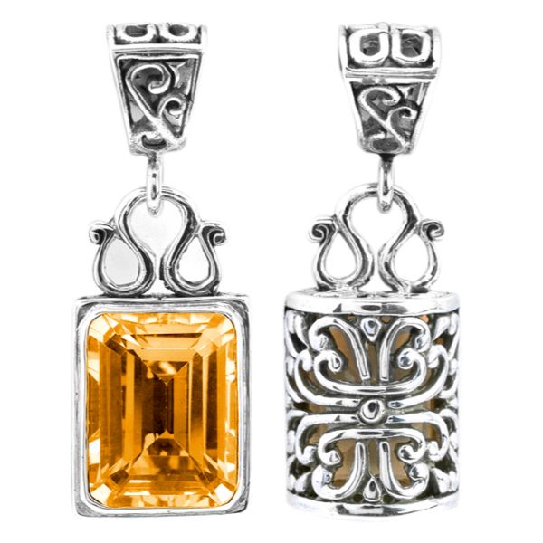 Sterling silver rectangular Citrine pendant with faceted gemstone and intricate Bali silverwork, handcrafted artisan jewelry for women.