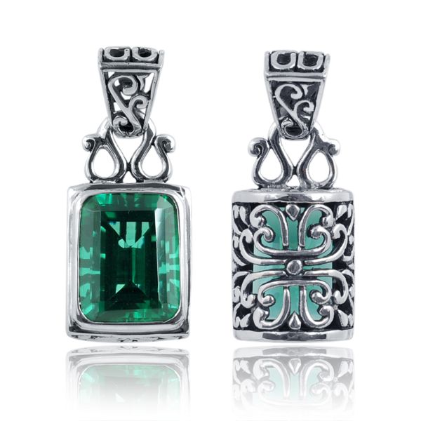 Sterling silver rectangular Green Quartz pendant with faceted gemstone and intricate Bali silverwork, handcrafted artisan jewelry for women.