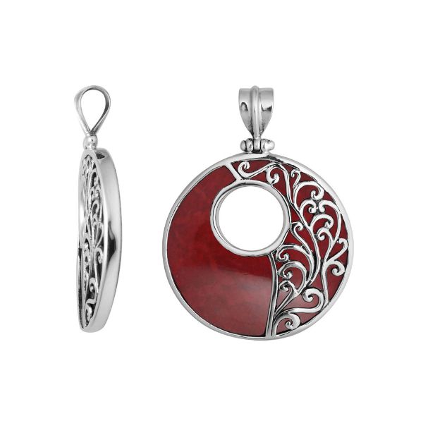 Sterling silver round Coral Shell pendant with genuine red inlay, intricate Bali vine design and oxidized finish, handcrafted artisan jewelry for women.
