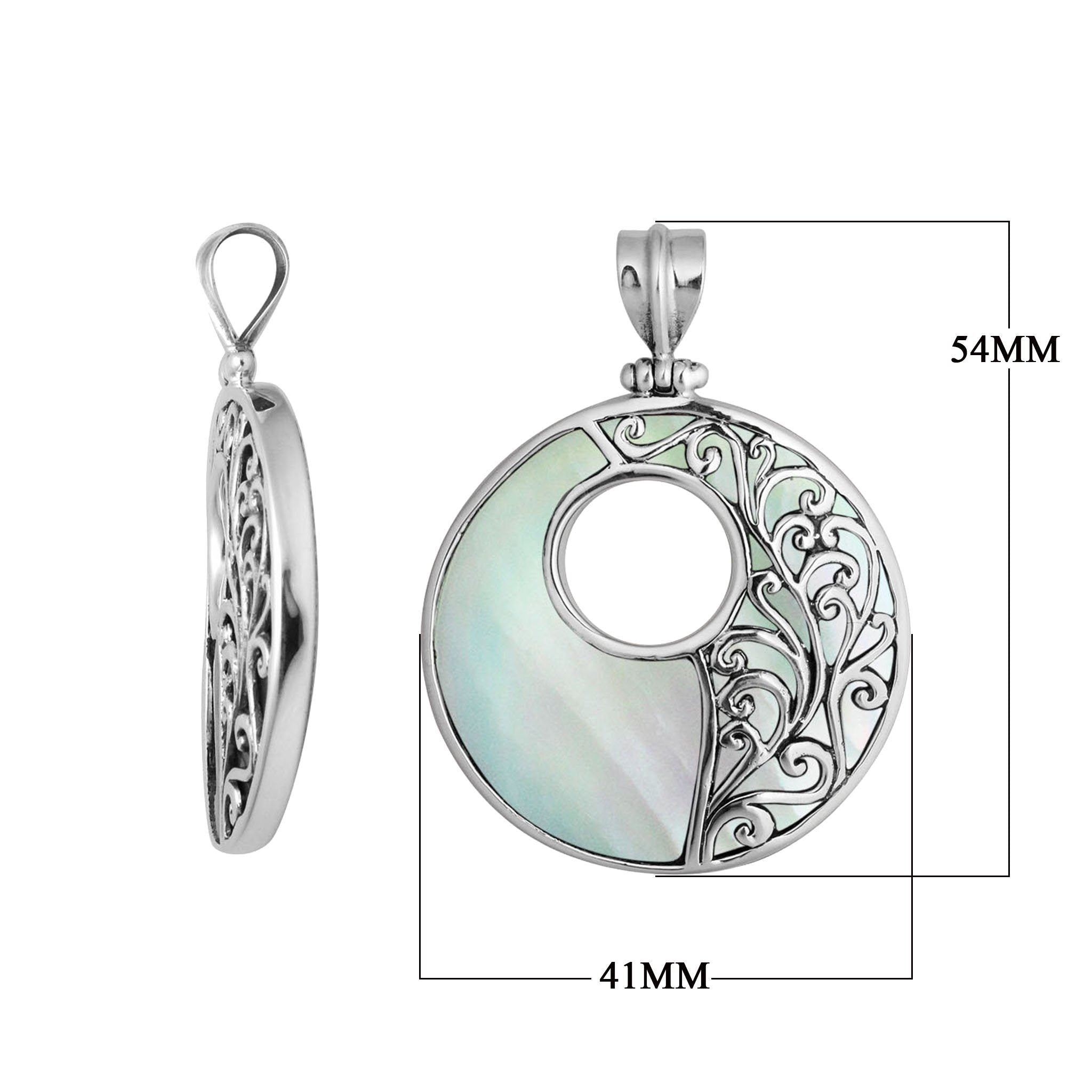 Sterling silver round Mother of Pearl pendant with luminous inlay, intricate Bali vine design, and oxidized finish, handcrafted artisan jewelry for women.