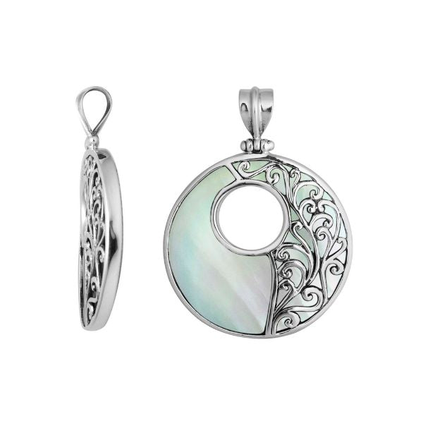 Sterling silver round Mother of Pearl pendant with luminous inlay, intricate Bali vine design, and oxidized finish, handcrafted artisan jewelry for women.