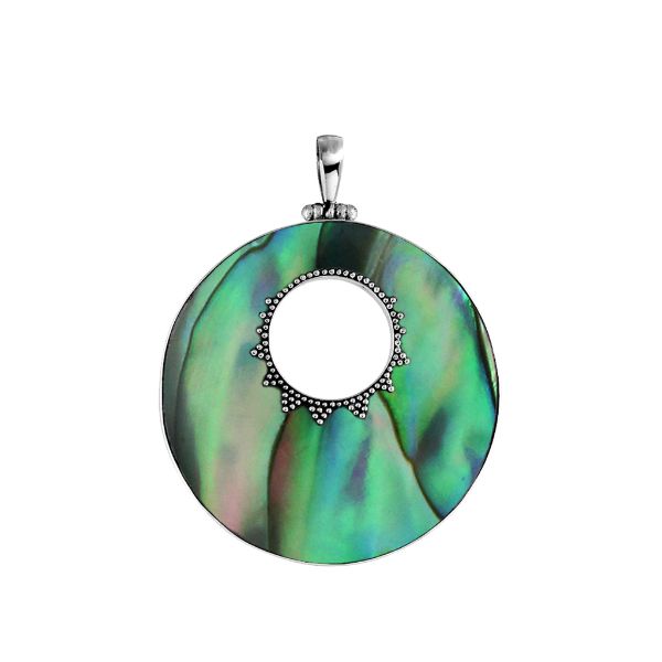 Sterling silver round Abalone shell pendant with shimmering blue-green inlay, center cut-out design, and oxidized dot accents, handcrafted artisan jewelry for women.