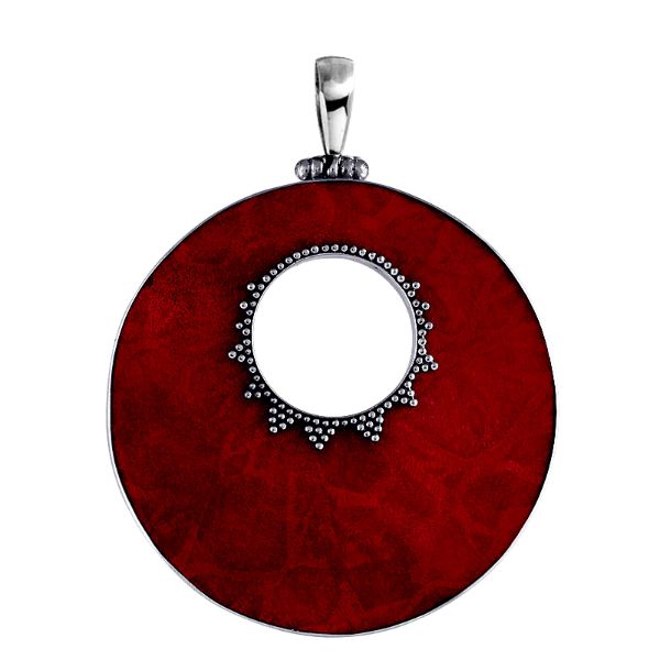 Sterling silver round Red Coral pendant with center cut-out and Bali-inspired beaded detailing, handcrafted artisan jewelry for women.