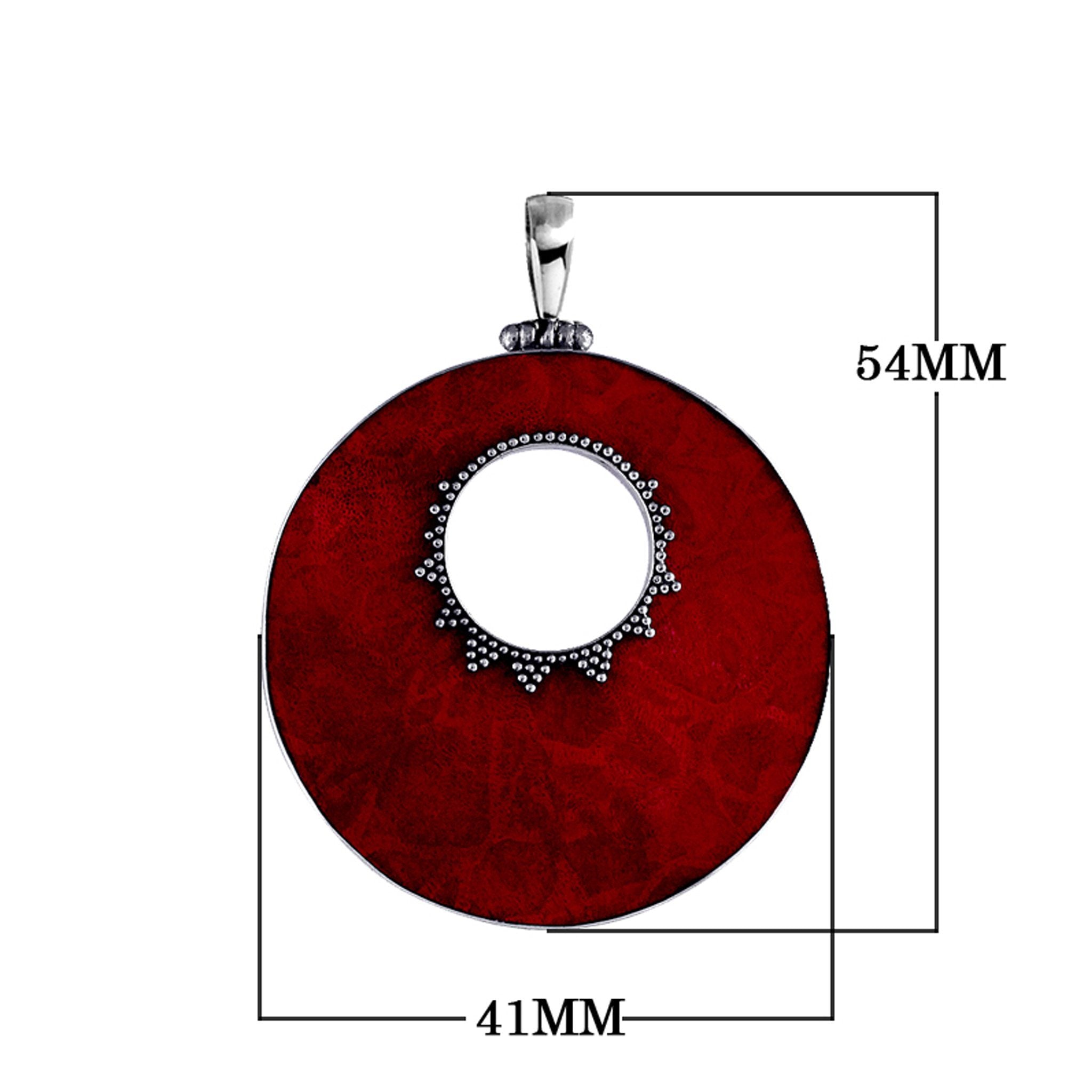 Sterling silver round Red Coral pendant with center cut-out and Bali-inspired beaded detailing, handcrafted artisan jewelry for women.