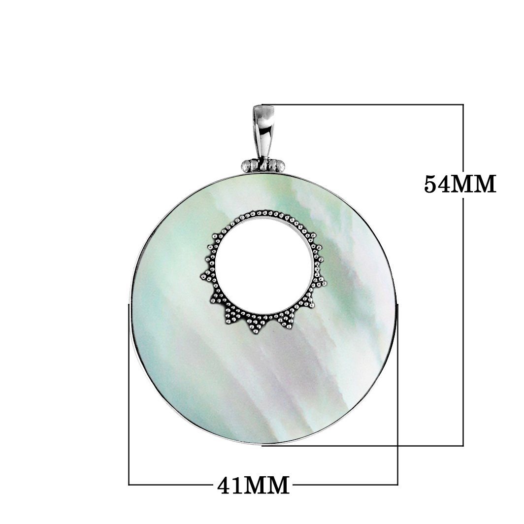 Sterling silver round Mother of Pearl pendant with center cut-out and Bali-inspired beaded detailing, handcrafted artisan jewelry for women.