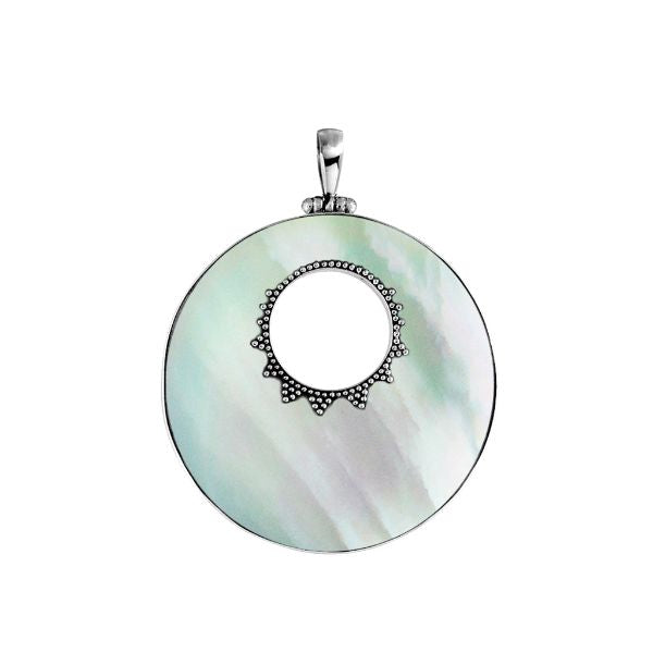 Sterling silver round Mother of Pearl pendant with center cut-out and Bali-inspired beaded detailing, handcrafted artisan jewelry for women.