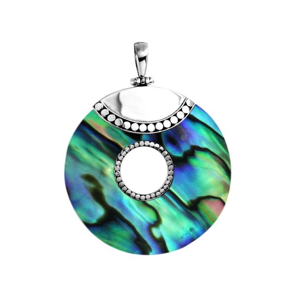 Sterling silver round Abalone Shell pendant with shimmering iridescent colors, center cut-out, and Bali beaded detailing, handcrafted artisan jewelry for women.