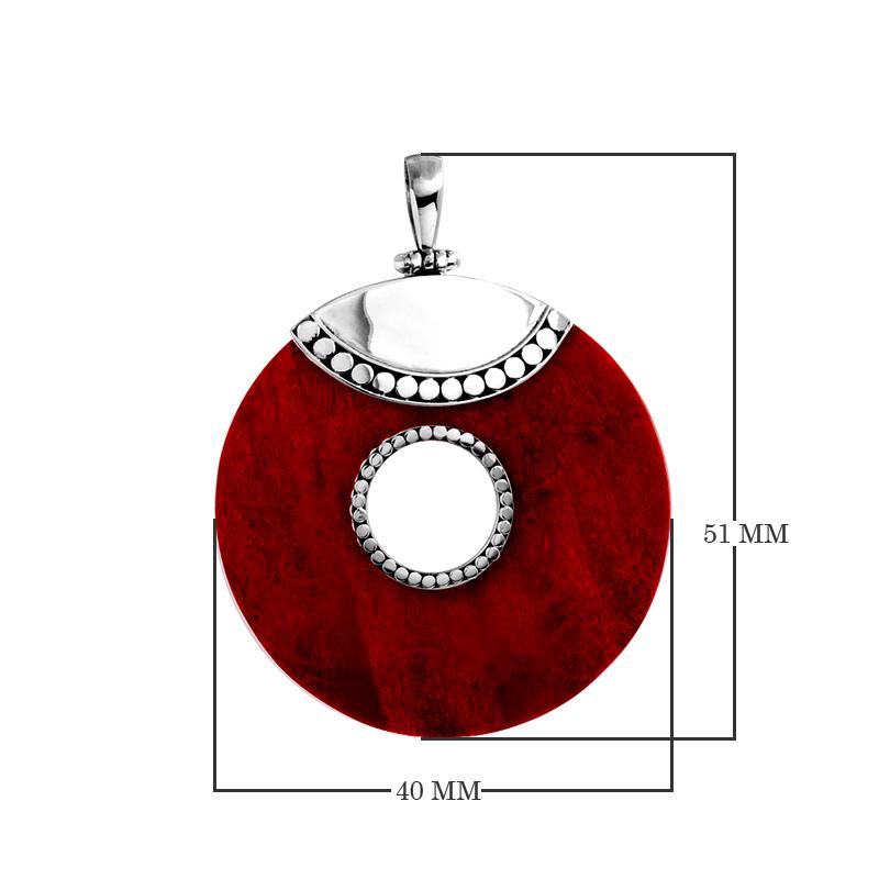 Sterling silver round Red Coral pendant with center cut-out, Bali-inspired beaded accents, and polished silver top, handcrafted artisan jewelry for women.