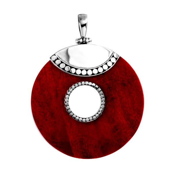 Sterling silver round Red Coral pendant with center cut-out, Bali-inspired beaded accents, and polished silver top, handcrafted artisan jewelry for women.
