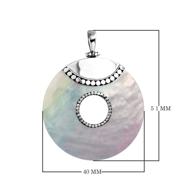 Round white shell pendant in sterling silver with center cut-out and dotted detailing, handcrafted artisan jewelry