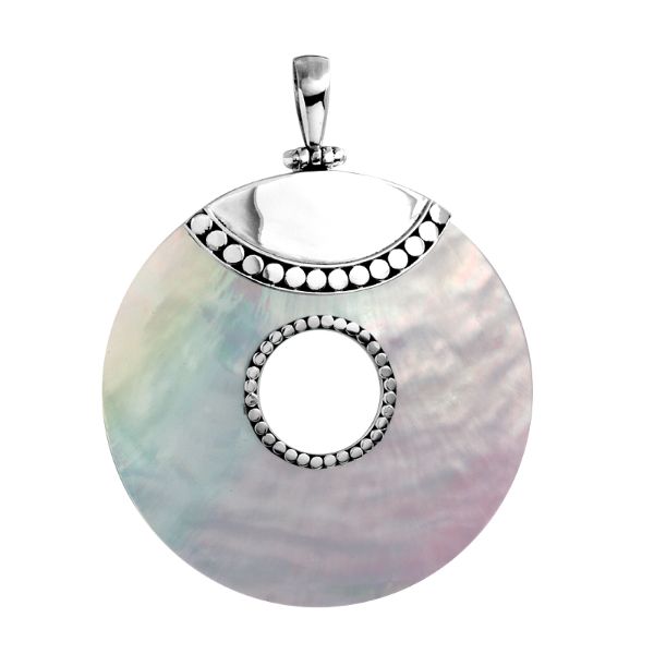 Round white shell pendant in sterling silver with center cut-out and dotted detailing, handcrafted artisan jewelry