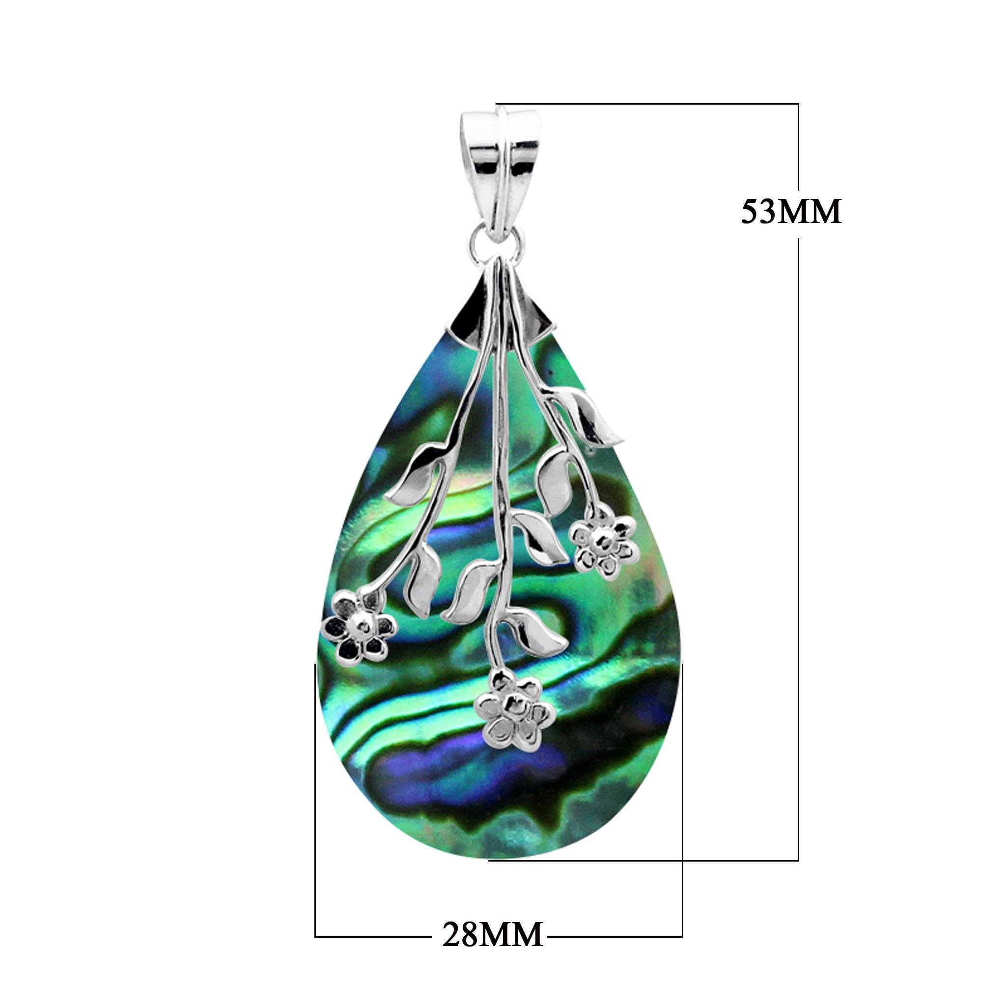 Sterling silver teardrop Abalone Shell pendant with shimmering iridescent colors and elegant floral vine design, handcrafted artisan jewelry for women.