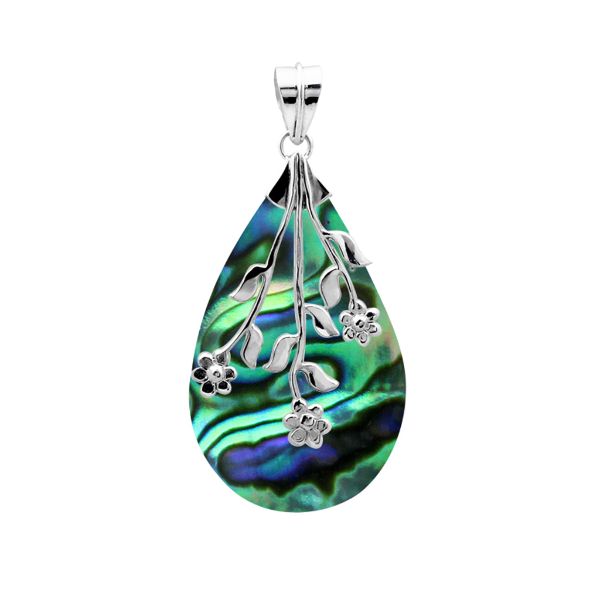Sterling silver teardrop Abalone Shell pendant with shimmering iridescent colors and elegant floral vine design, handcrafted artisan jewelry for women.