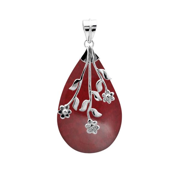 Sterling silver teardrop pendant with genuine red coral gemstone and delicate floral design, handcrafted artisan jewelry for everyday wear or gifting.