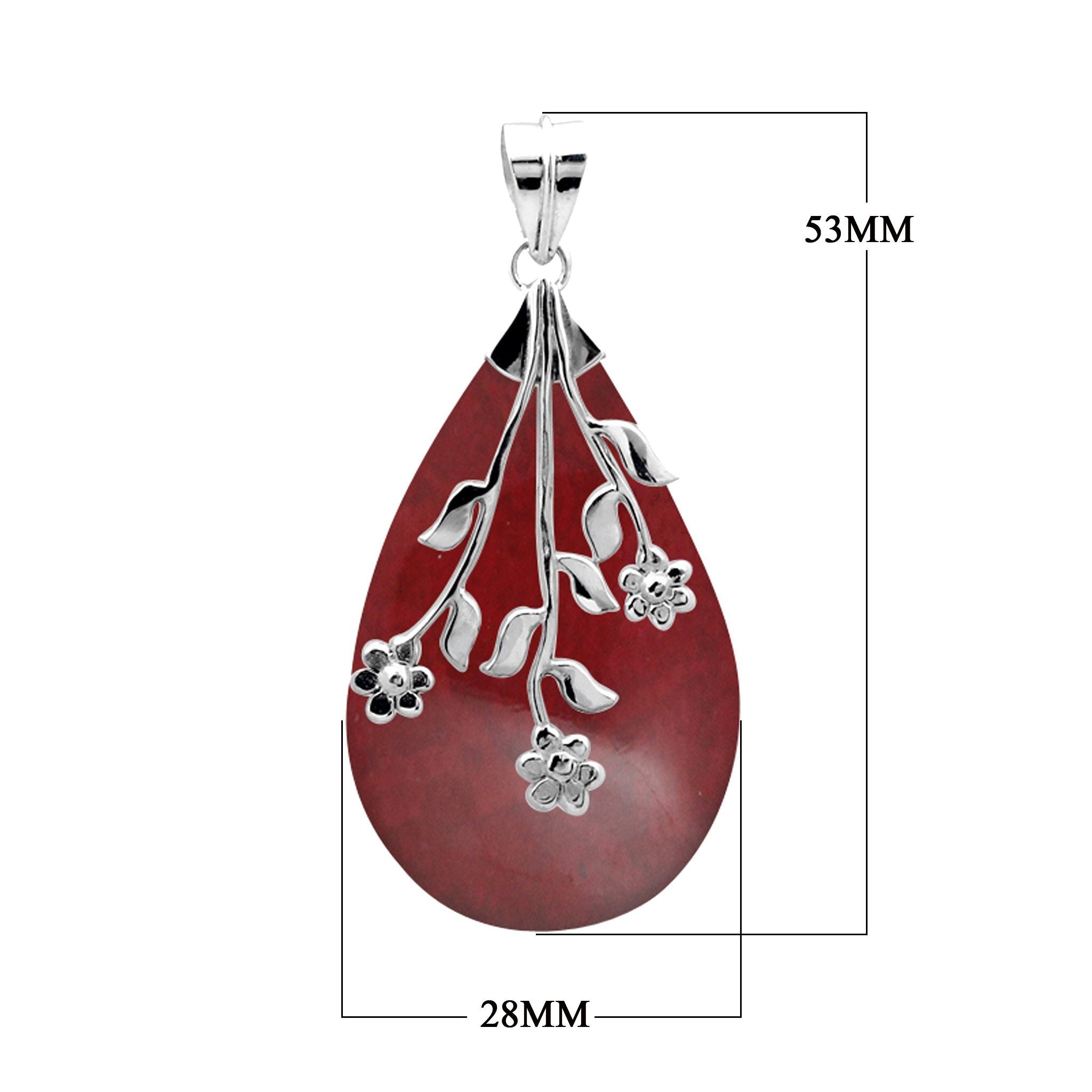 Sterling silver teardrop pendant with genuine red coral gemstone and delicate floral design, handcrafted artisan jewelry for everyday wear or gifting.
