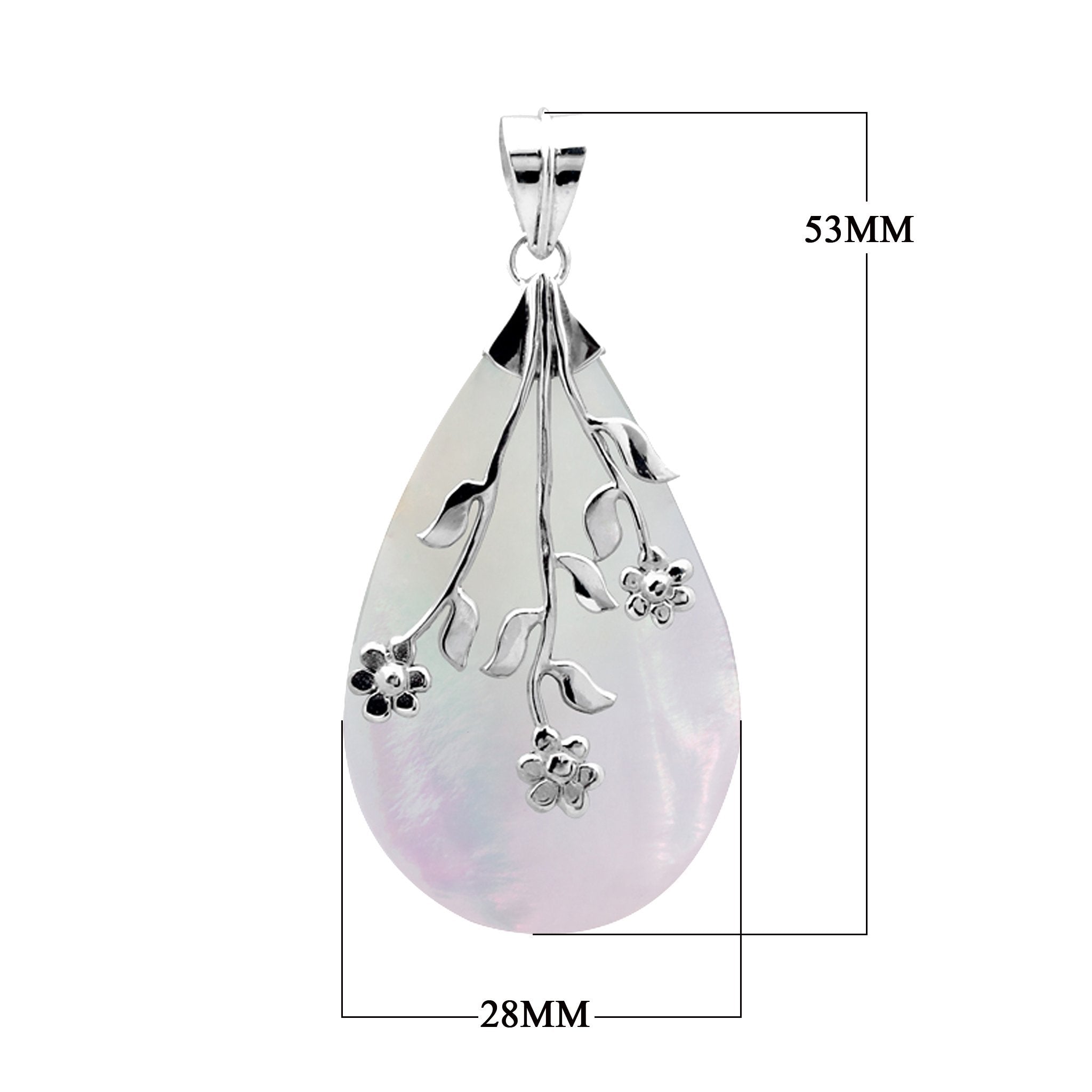 Sterling silver teardrop pendant with genuine white shell and delicate floral design, handcrafted artisan jewelry for everyday wear or gifting.