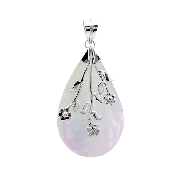 Sterling silver teardrop pendant with genuine white shell and delicate floral design, handcrafted artisan jewelry for everyday wear or gifting.