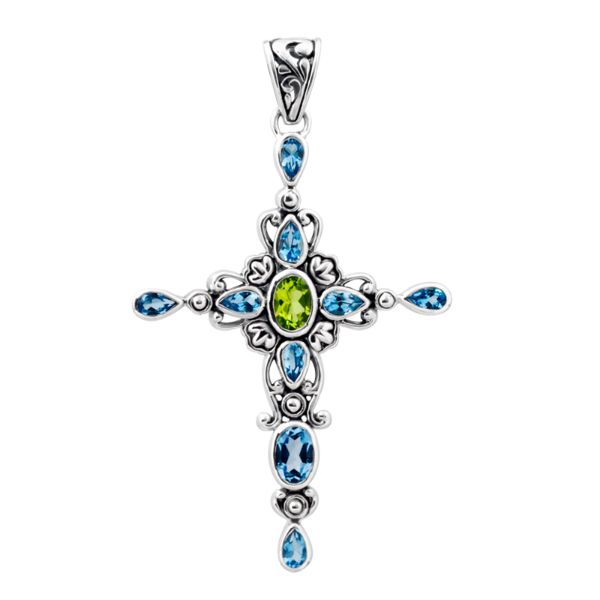 Sterling silver cross pendant with vibrant peridot center and sparkling blue topaz accents, handcrafted Balinese jewelry for faith-inspired style and gifting.