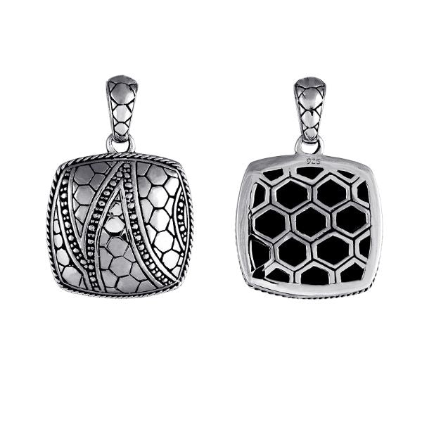 Sterling silver square pendant with handcrafted honeycomb Bali design – unique artisan jewelry for everyday elegance or gifting 