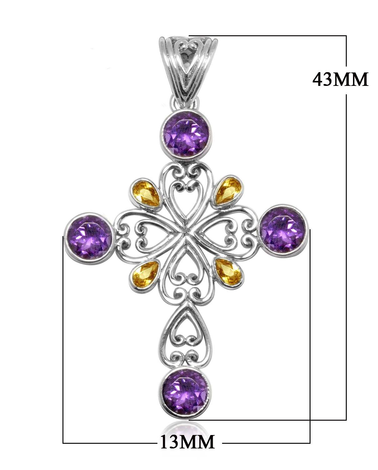 Sterling silver cross pendant with Amethyst and Citrine gemstones – handcrafted Bali jewelry symbolizing faith, harmony, and elegance