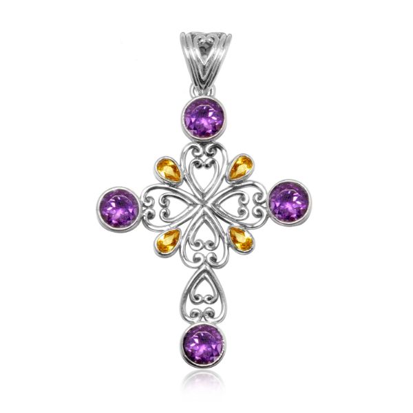 Sterling silver cross pendant with Amethyst and Citrine gemstones – handcrafted Bali jewelry symbolizing faith, harmony, and elegance