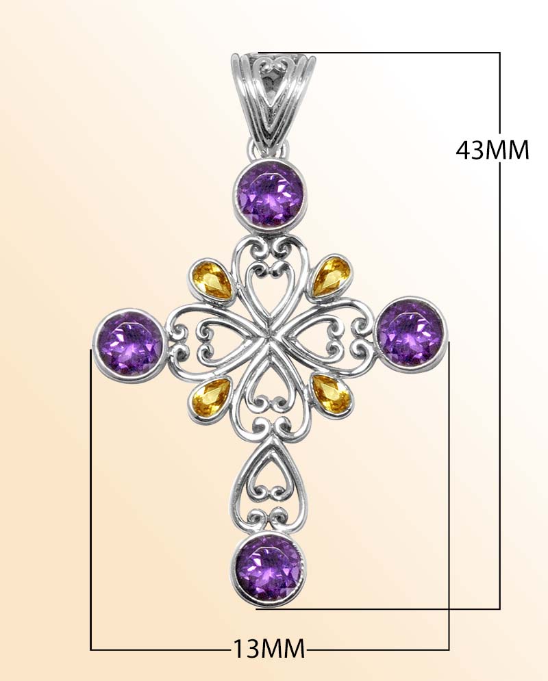 Sterling silver cross pendant with Amethyst and Citrine gemstones – handcrafted Bali jewelry symbolizing faith, harmony, and elegance