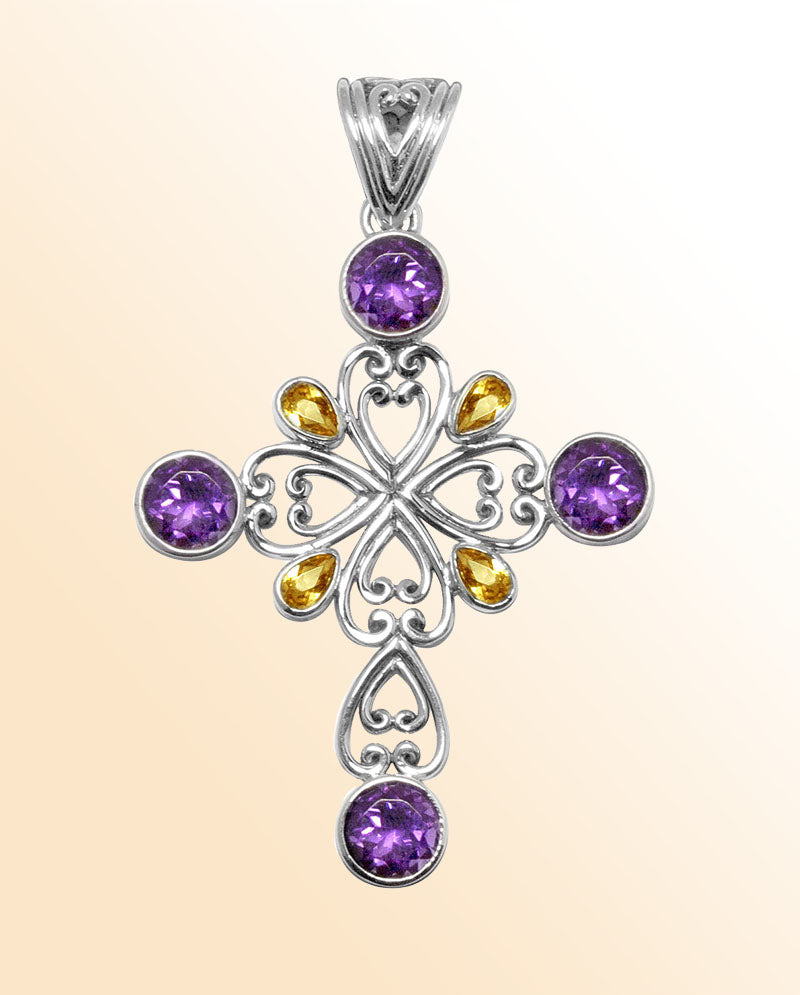 Sterling silver cross pendant with Amethyst and Citrine gemstones – handcrafted Bali jewelry symbolizing faith, harmony, and elegance
