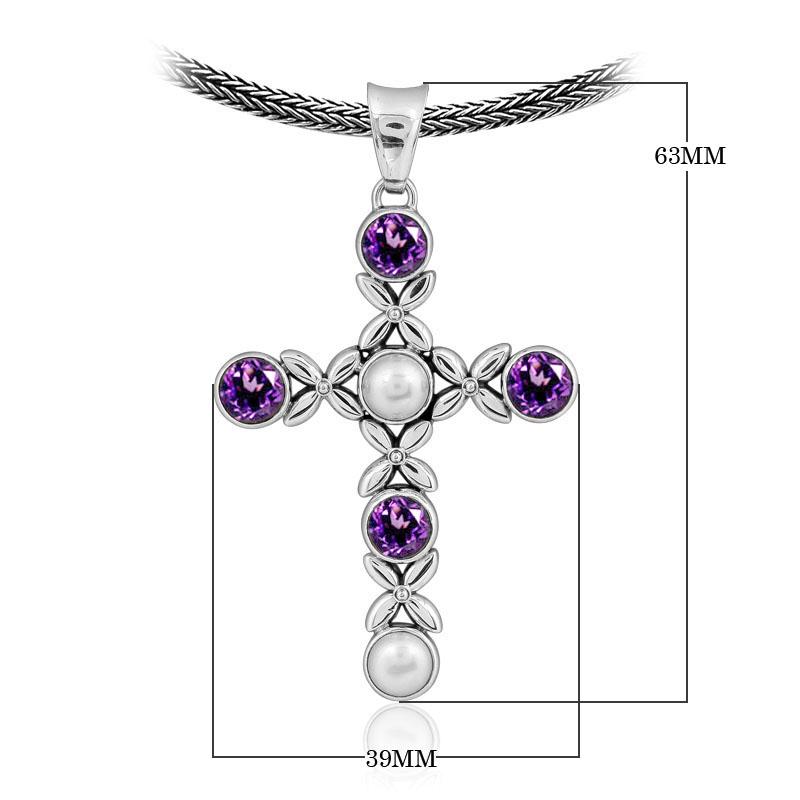 Sterling silver cross pendant with Amethyst Quartz and Pearl gemstones – handcrafted Bali jewelry symbolizing purity, faith, and elegance