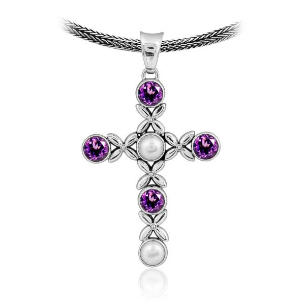Sterling silver cross pendant with Amethyst Quartz and Pearl gemstones – handcrafted Bali jewelry symbolizing purity, faith, and elegance