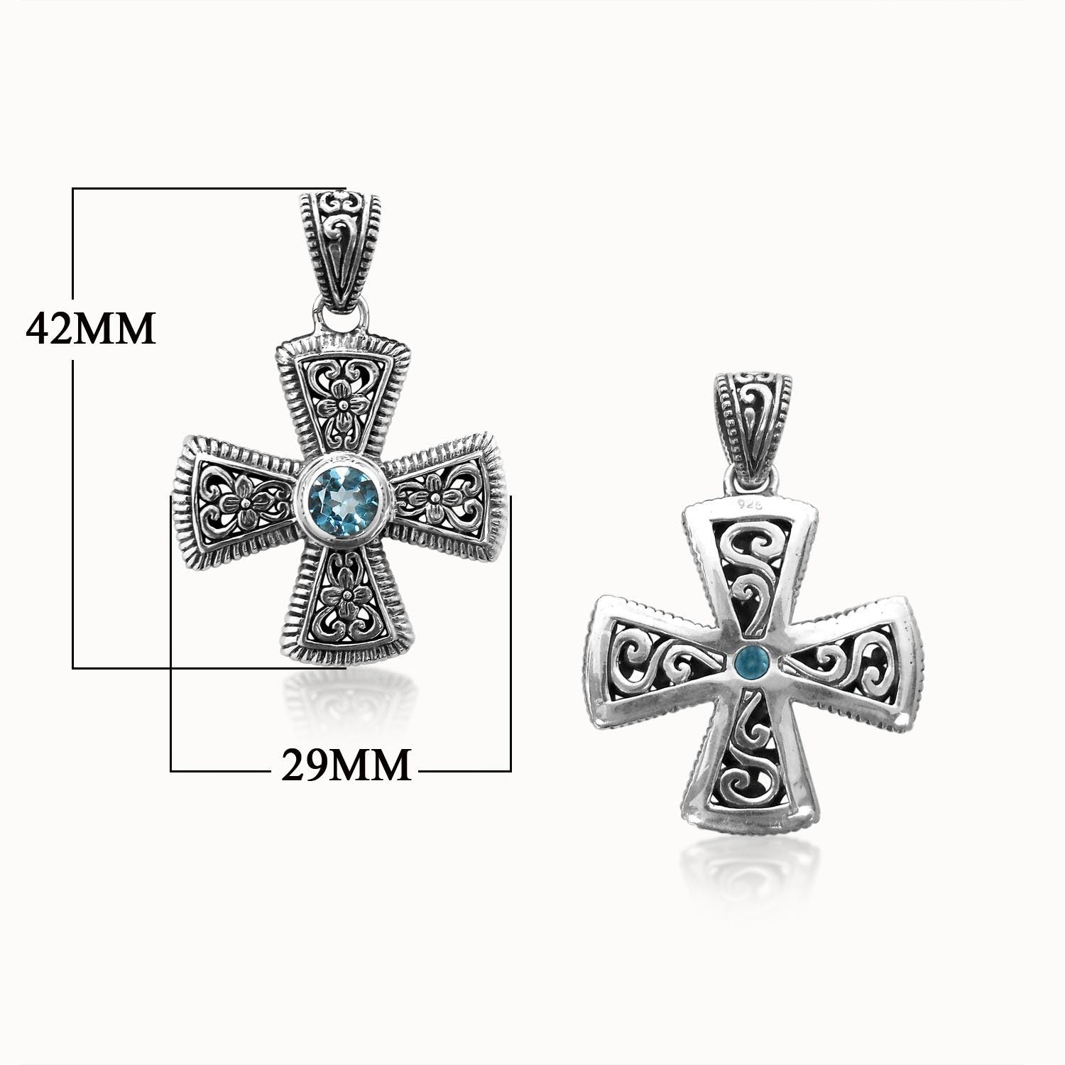 Sterling silver cross pendant with Blue Topaz gemstone – handcrafted Bali jewelry symbolizing faith, elegance, and timeless style