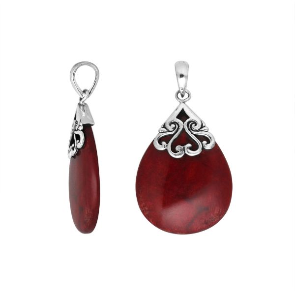Sterling silver teardrop pendant with natural Red Coral – handcrafted Bali jewelry with elegant scrollwork, a bold and meaningful gift