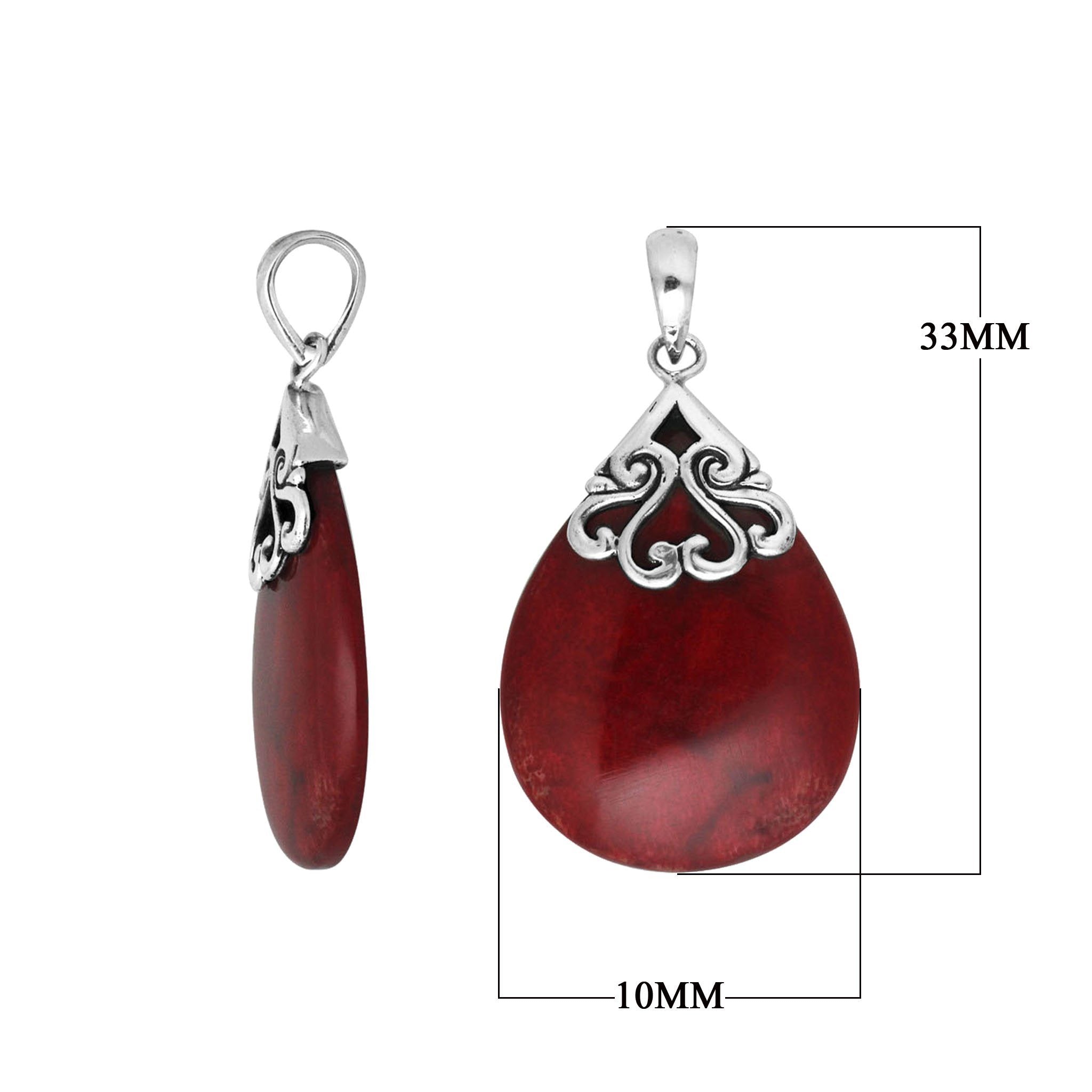 Sterling silver teardrop pendant with natural Red Coral – handcrafted Bali jewelry with elegant scrollwork, a bold and meaningful gift