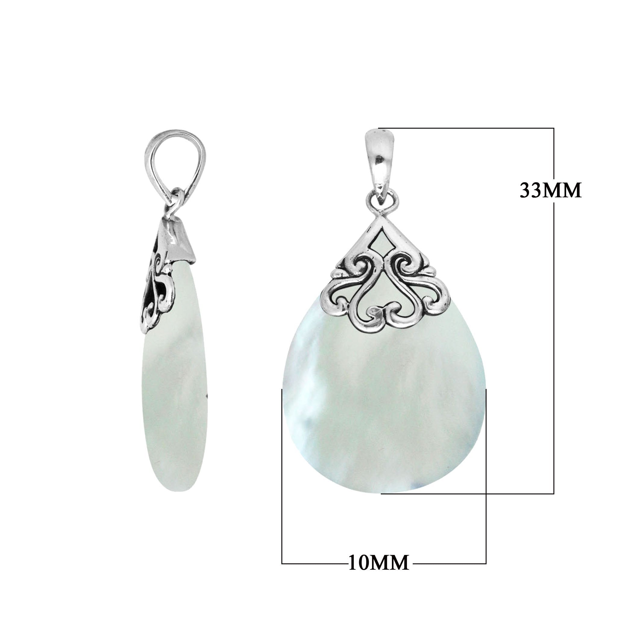 Sterling silver teardrop pendant with luminous Mother of Pearl – handcrafted Bali jewelry with elegant scrollwork, a timeless gift of elegance