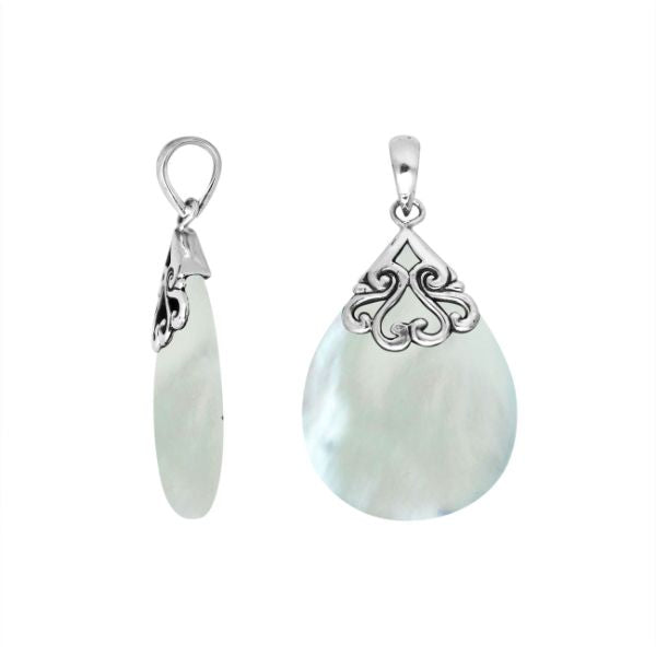 Sterling silver teardrop pendant with luminous Mother of Pearl – handcrafted Bali jewelry with elegant scrollwork, a timeless gift of elegance