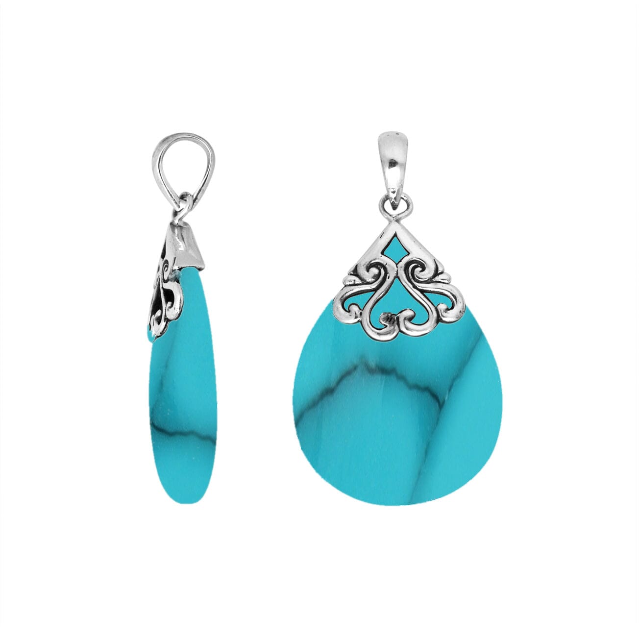 Sterling silver teardrop pendant with natural Turquoise Shell – handcrafted Bali jewelry with elegant scrollwork, a vibrant and meaningful gift