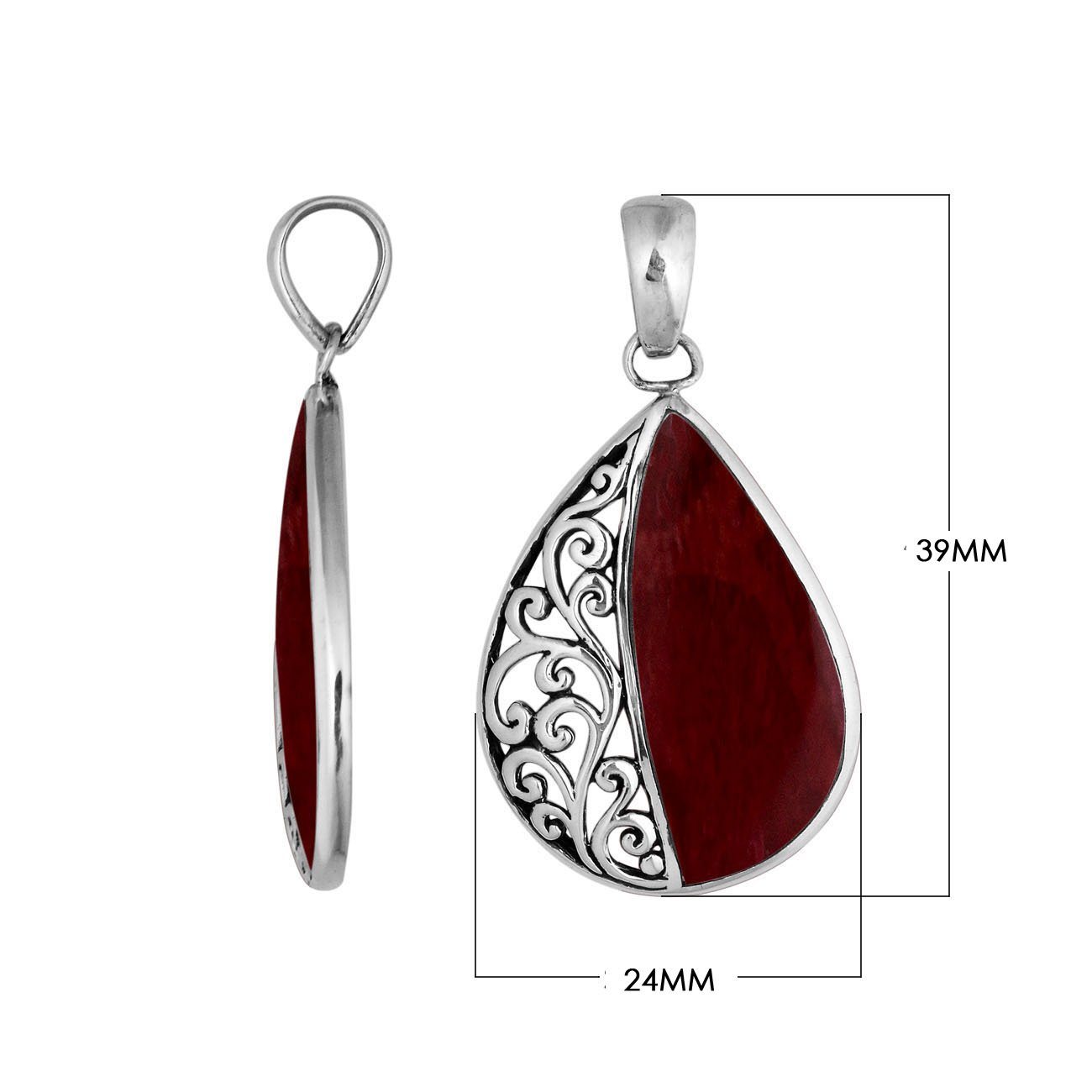 Sterling silver teardrop pendant with vibrant Red Coral – handcrafted Bali jewelry with elegant filigree, a bold and meaningful gift