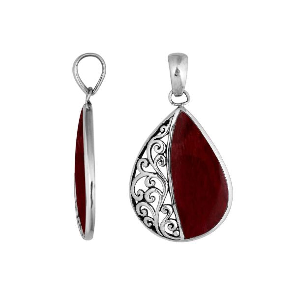 Sterling silver teardrop pendant with vibrant Red Coral – handcrafted Bali jewelry with elegant filigree, a bold and meaningful gift