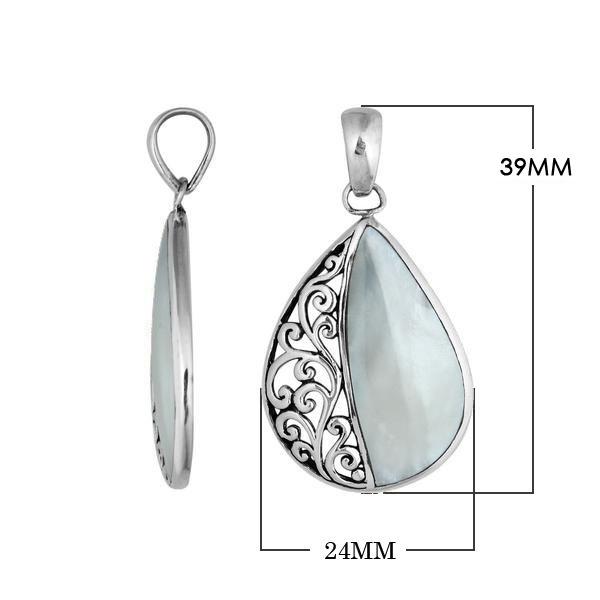 Sterling silver teardrop pendant with luminous Mother of Pearl – handcrafted Bali jewelry with elegant filigree, a timeless gift of elegance