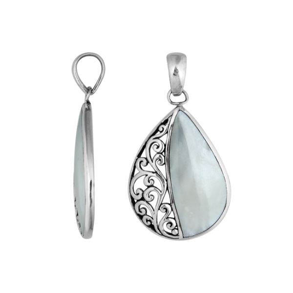 Sterling silver teardrop pendant with luminous Mother of Pearl – handcrafted Bali jewelry with elegant filigree, a timeless gift of elegance